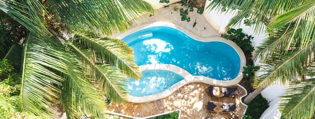 Separate swimming pools for men and women at Tasneem Hotel, Jambiani, Zanzibar, ensuring privacy for Muslim guests