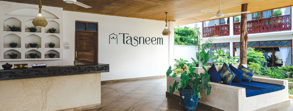 Reception area of Tasneem Hotel in Jambiani, Zanzibar - warm and professional service