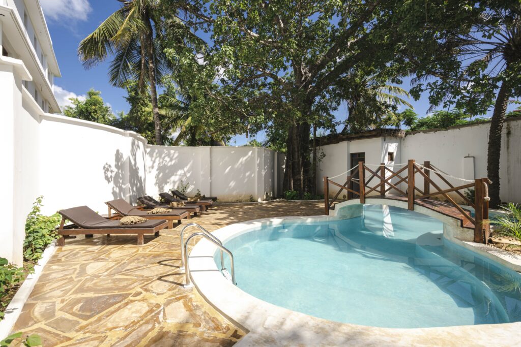 Separate swimming pools for men and women at Tasneem Hotel, Jambiani, Zanzibar, ensuring privacy for Muslim guests