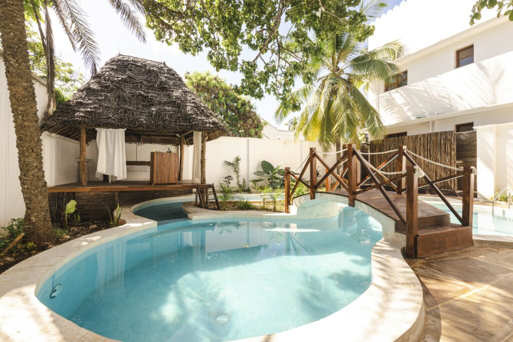 Separate swimming pools for men and women at Tasneem Hotel, Jambiani, Zanzibar, ensuring privacy for Muslim guests
