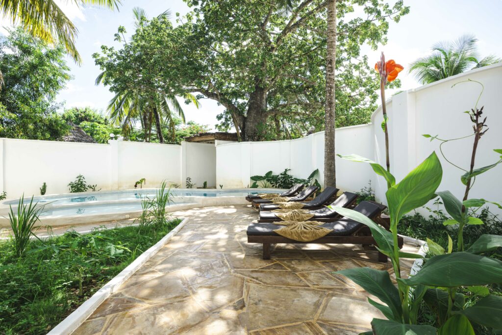 Separate swimming pools for men and women at Tasneem Hotel, Jambiani, Zanzibar, ensuring privacy for Muslim guests