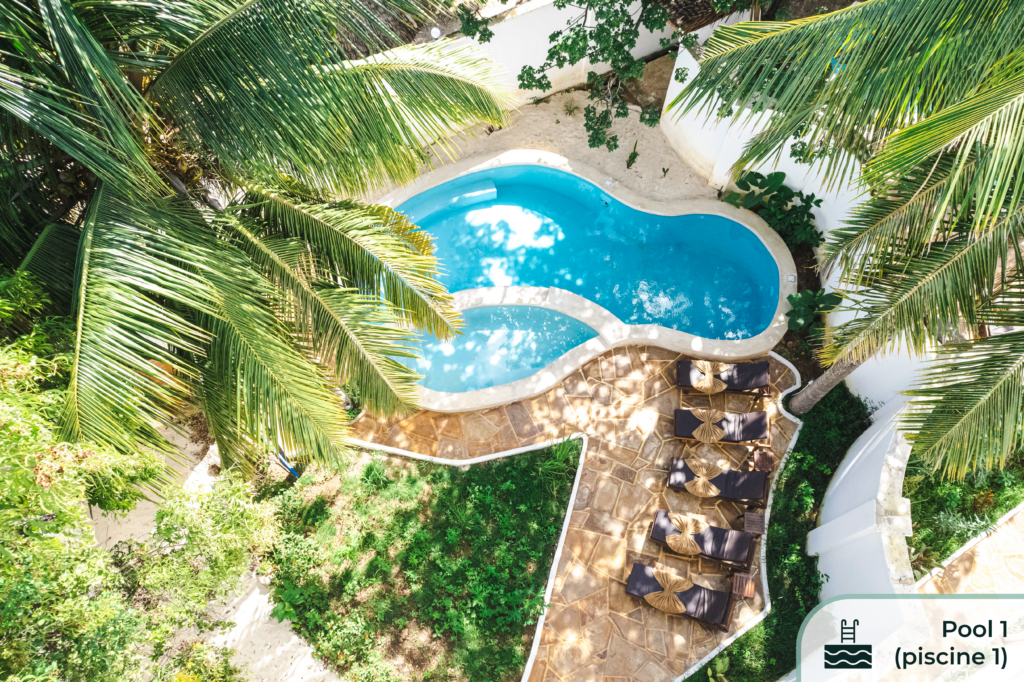 Separate swimming pools for men and women at Tasneem Hotel, Jambiani, Zanzibar, ensuring privacy for Muslim guests