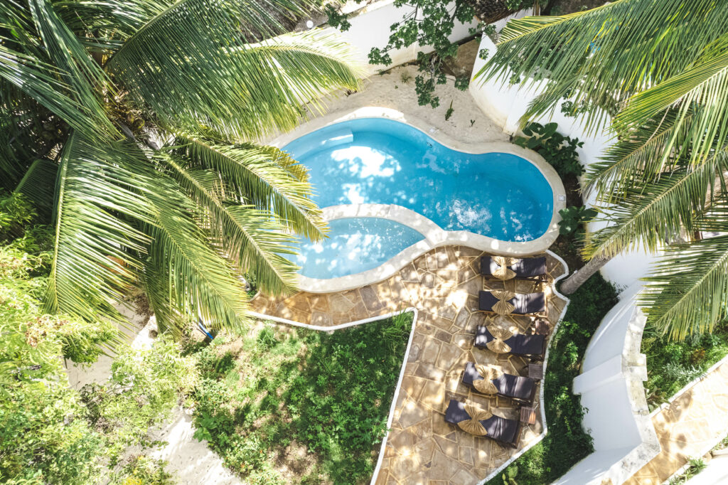 Separate swimming pools for men and women at Tasneem Hotel, Jambiani, Zanzibar, ensuring privacy for Muslim guests