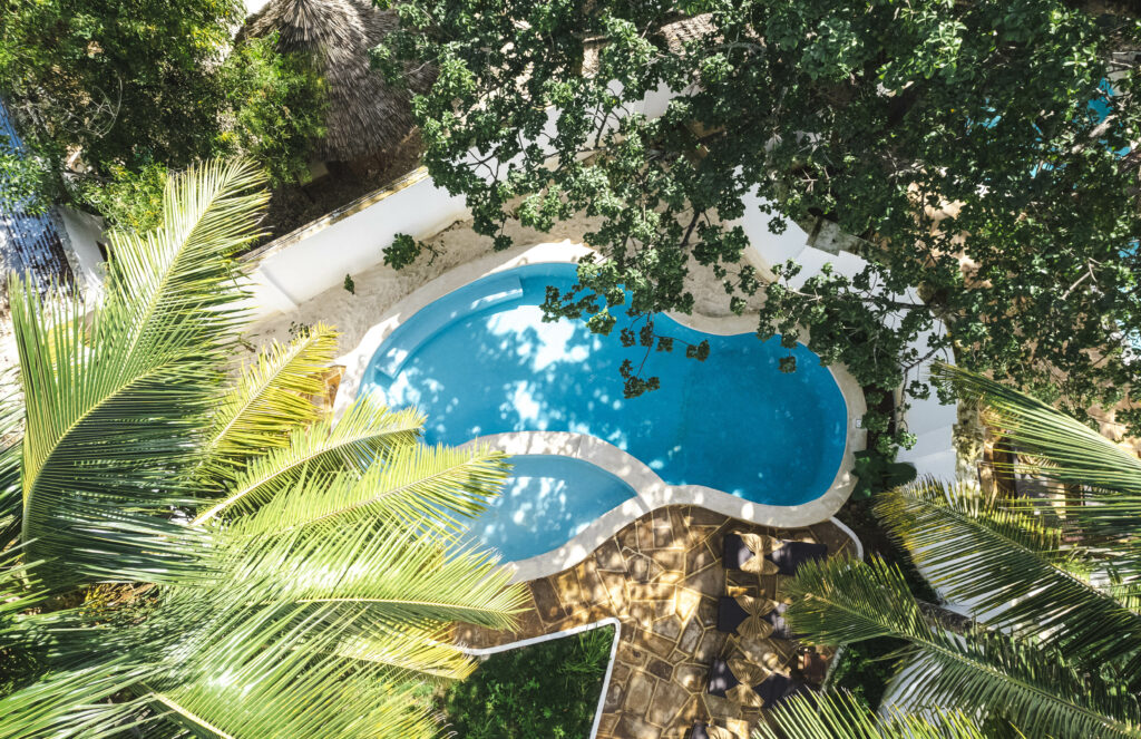 Separate swimming pools for men and women at Tasneem Hotel, Jambiani, Zanzibar, ensuring privacy for Muslim guests